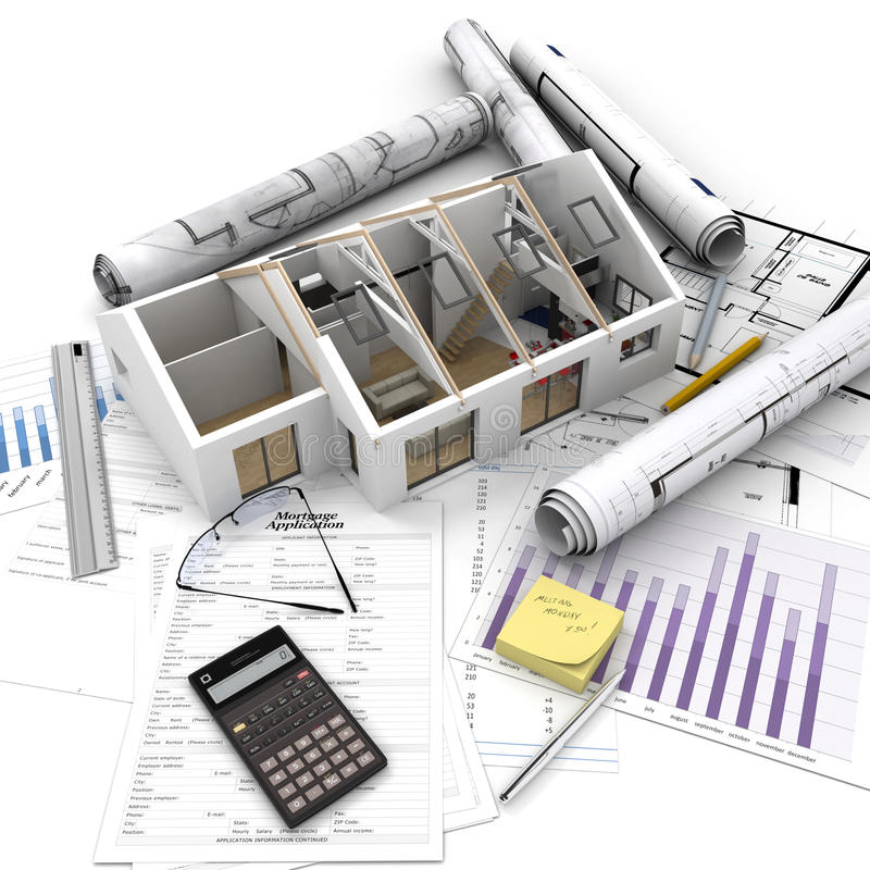home-purchase-process-house-top-table-mortgage-application-form-calculator-blueprints-etc-50981620